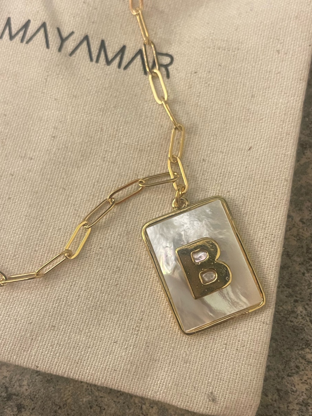 ‘B’ Mother Of Pearl Initial Paperclip Necklace